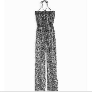 american eagle black and white floral halter jumpsuit